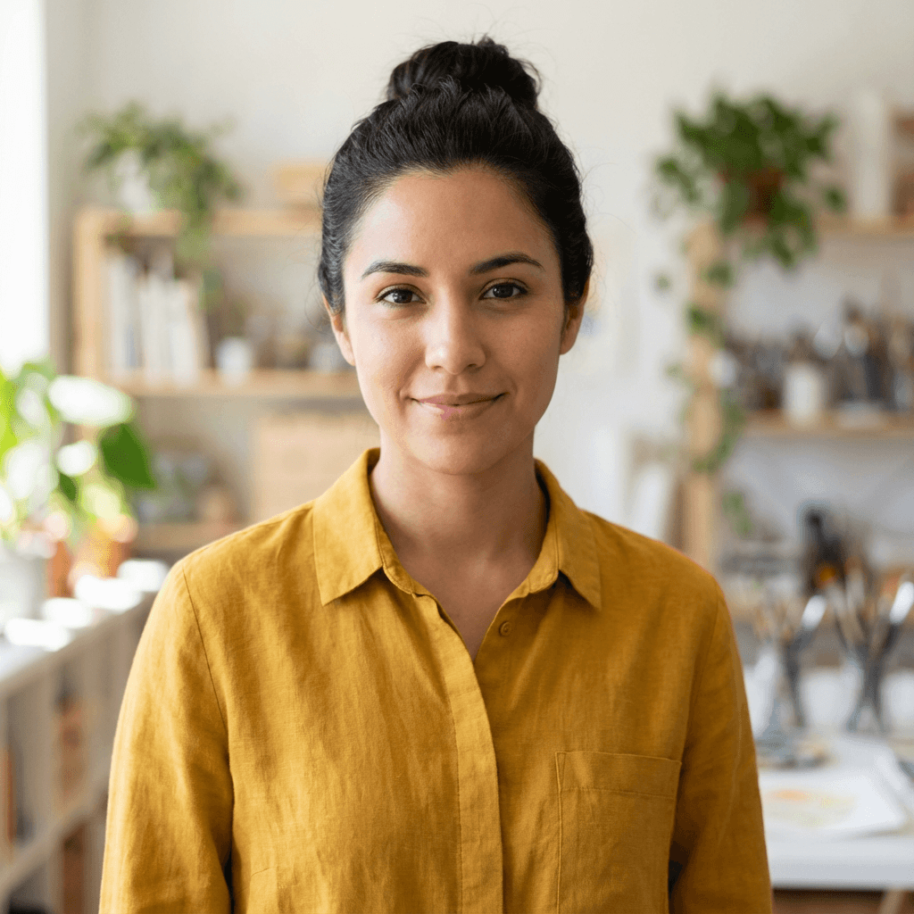 Portrait of a female small business owner in a rustic kitchen setting, smiling naturally