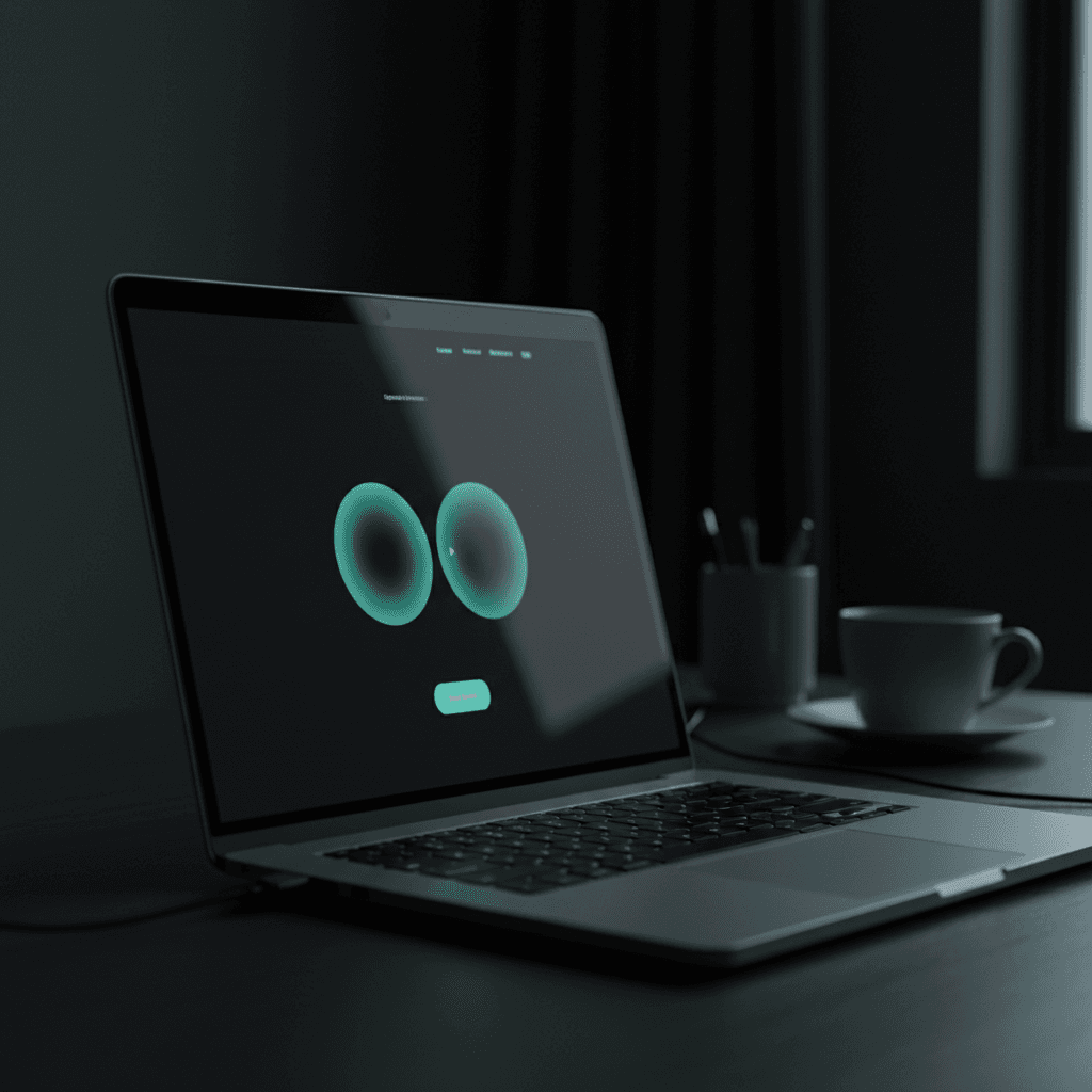 A minimalist website design displayed on a laptop in a dimly lit office, with clean black and teal colors and glowing buttons.