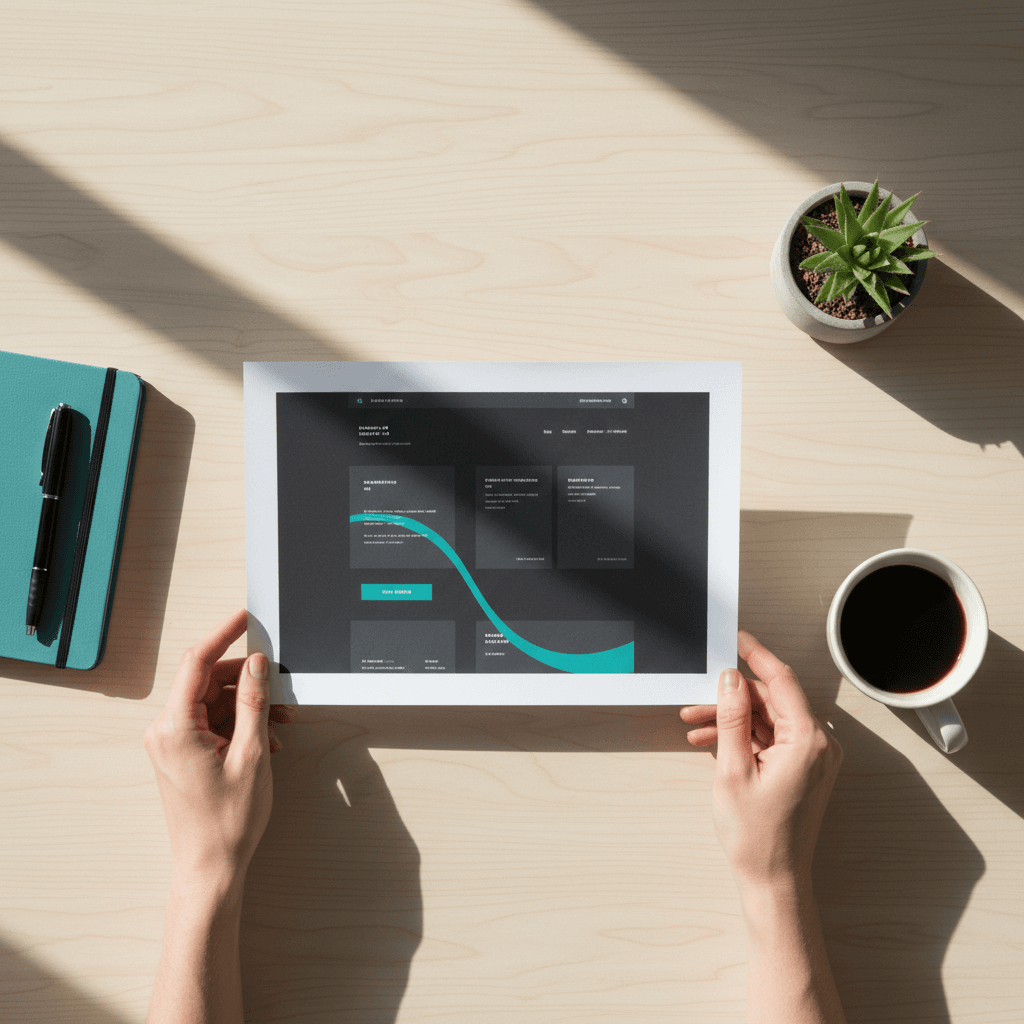 Business owner's hands reviewing a printed website mockup on a wooden desk with a coffee and notebook.