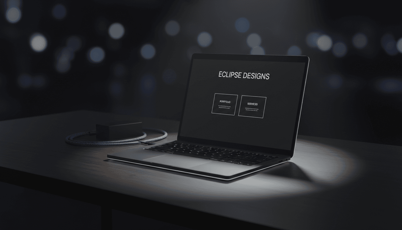 A modern laptop on a dark desk showing a minimalist website mockup in a dimly lit room