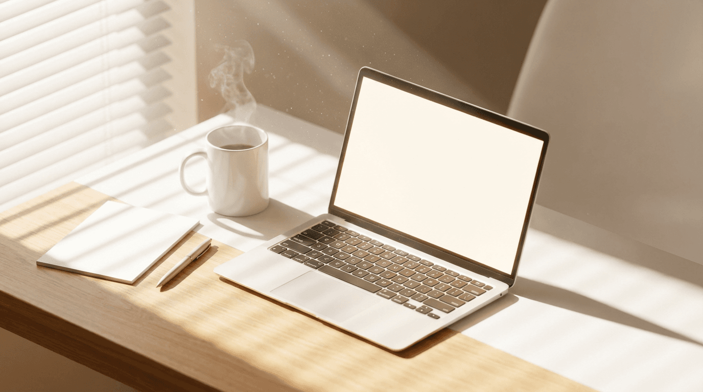 Minimalist desk workspace with notebook, smartphone, and coffee cup in soft cinematic light