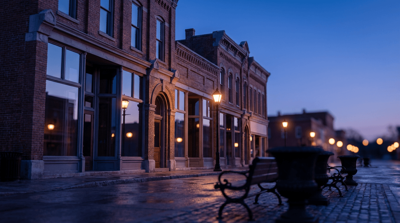Small town main street at golden hour with teal sky