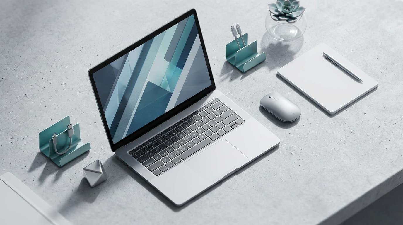 Laptop screen showing a minimalist website design in a dimly lit room