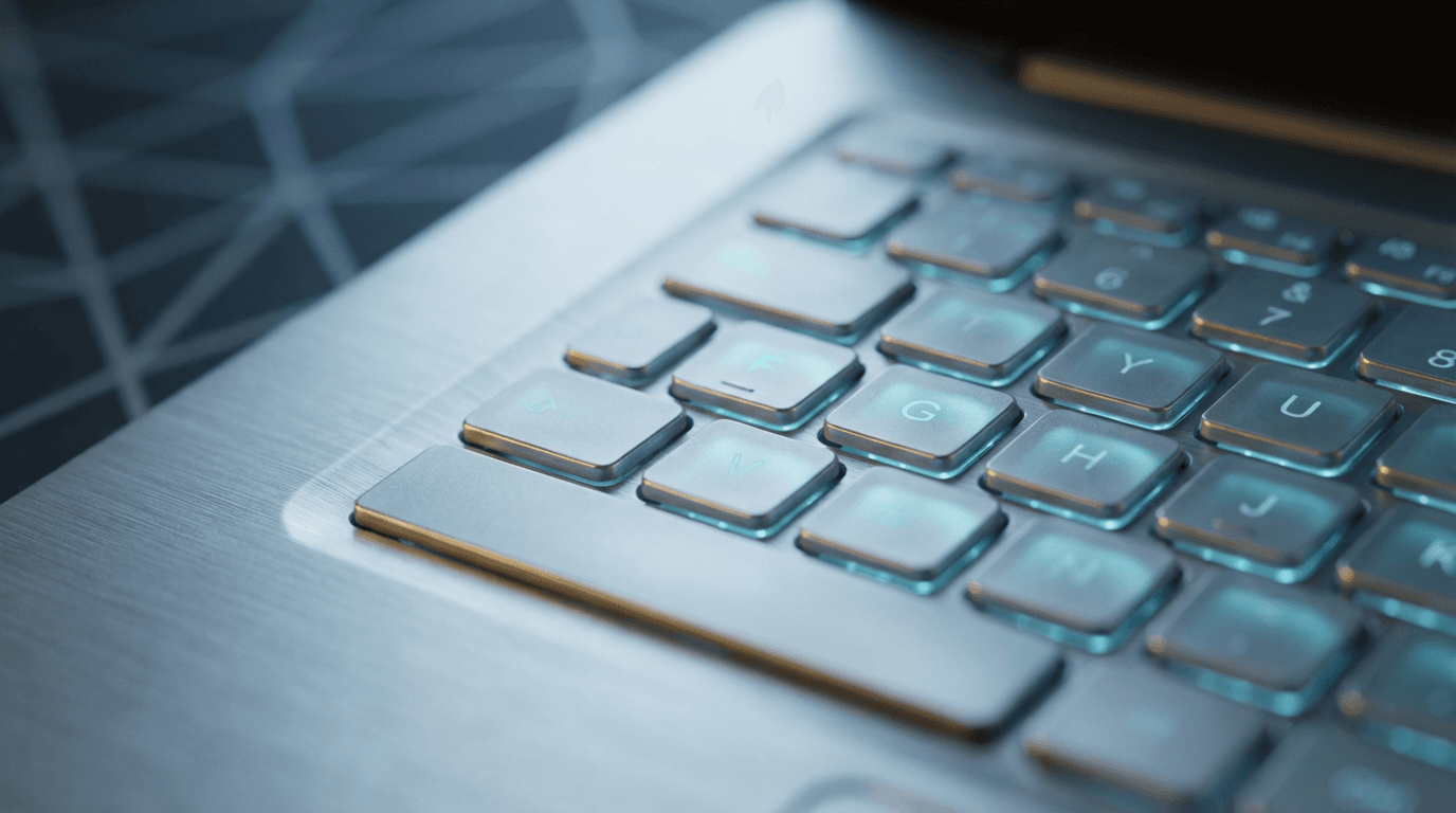 Keyboard with teal backlighting and ceramic coffee cup close-up