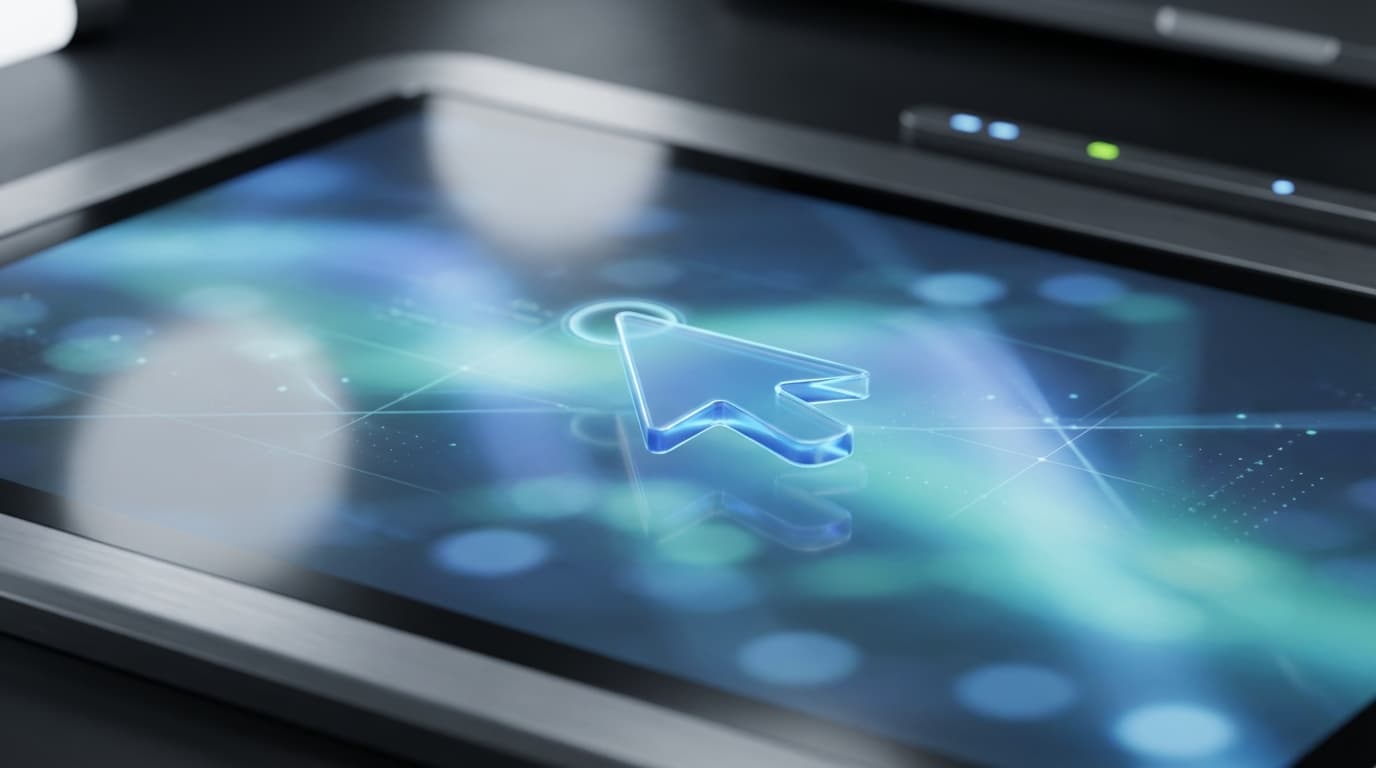 Designer hands on laptop with teal glowing cursor on minimalist screen