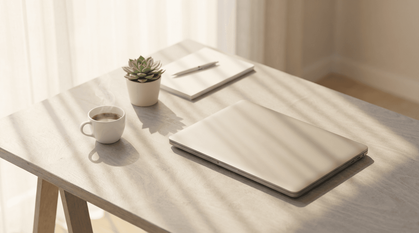 Minimalist desk setup with a laptop showing a clean website design, soft natural light, and teal accents